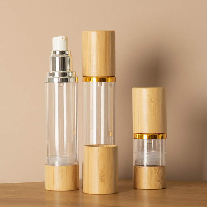 Bamboo Cosmetic Packaging 15ml 30ml 50ml 80ml 100ml 120ml Airless Pump Lotion Bottle Cosmetic Plastic Airless Utrem