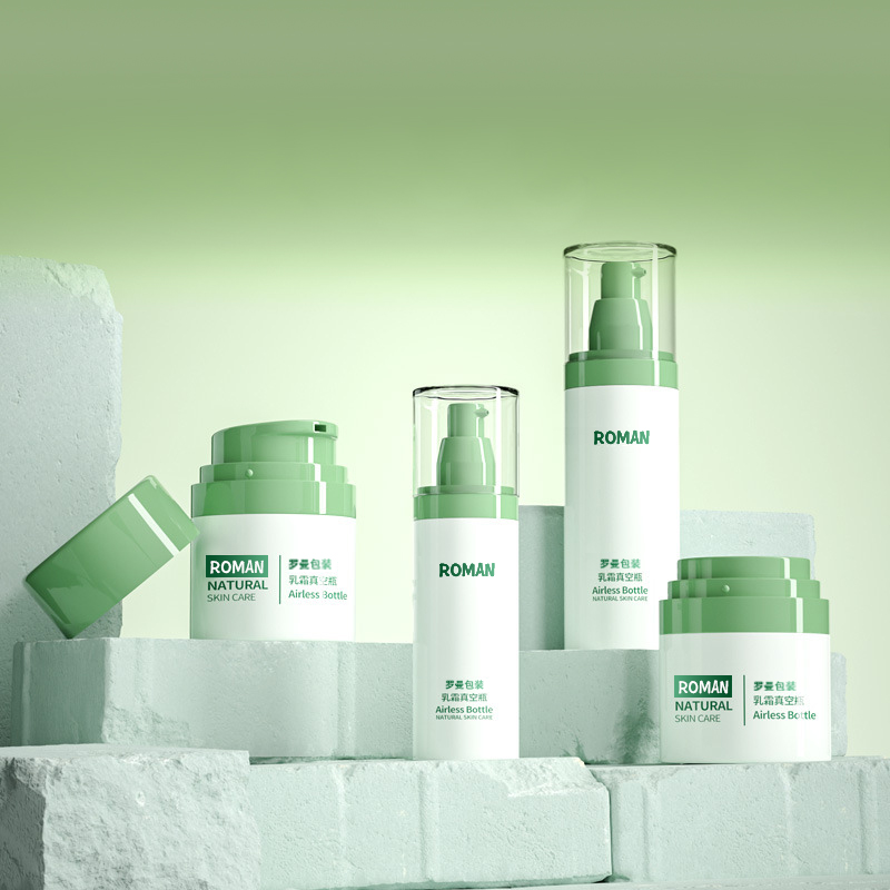 Plastic Cosmetic Packaging Facial Cream Bottle 30ml 50ml 80ml Green Airless Pump Utrem Set cum Electroplating pro Anti-aetate Serum Utrem