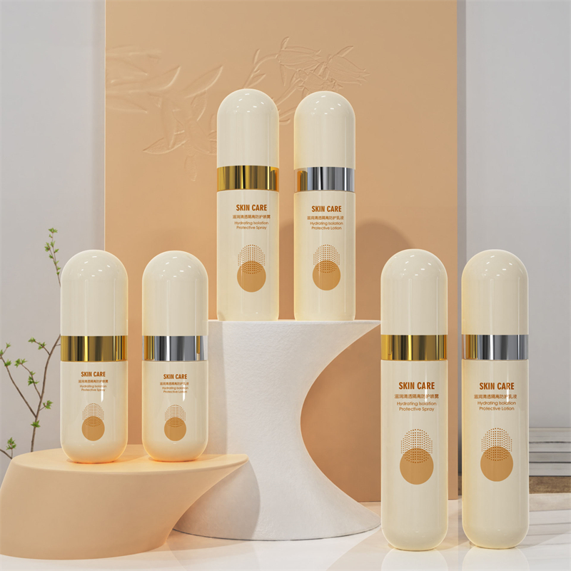 Inanis Fine Caligo Argentea Edge PET 40ml 60ml 60ml 80ml 100ml Beige Plastic Spray Bottle Cum Round Cover for Facial Cosmetic Packaging