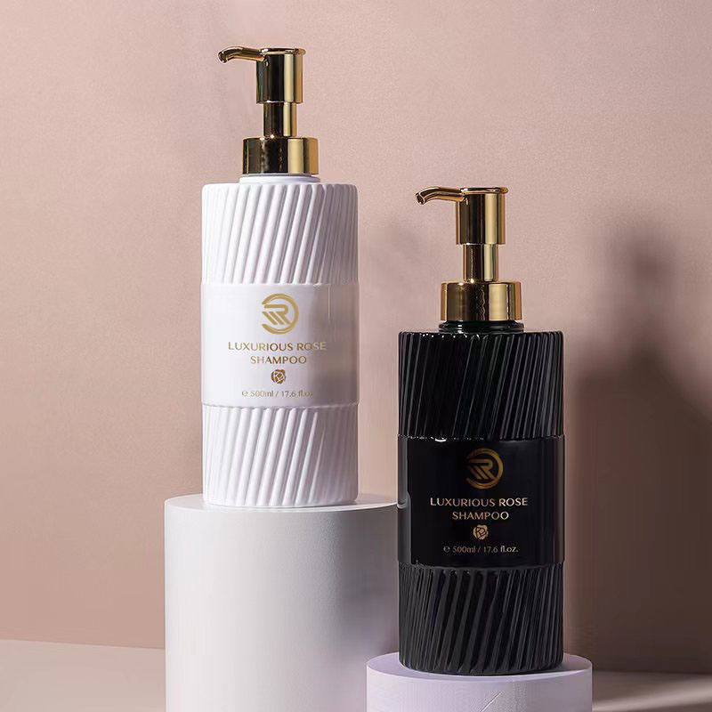 Eco-friendly 500ml Flat Humerum Shampoo Shower Gel Utrem White Black Stripe Pressing Plastic Pump Emulsion Packaging For Lotion Use